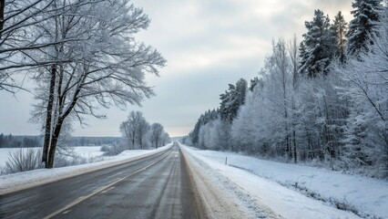 Obraz premium Straight road covered with snow and ice at winter 