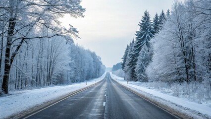 Fototapeta premium Straight road covered with snow and ice at winter 