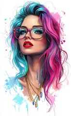 Obraz premium Vibrant portrait of a woman with colorful hair and striking features in artistic style