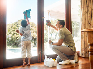 Home, father and kid with cleaning windows for household chores, helping hand or teaching...
