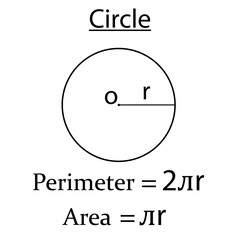 Perimeter and area of a circle in math. shapes in geometry. Vector illustration.