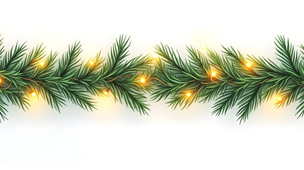 Christmas Garland Border: Realistic Evergreen Branches with Warm Yellow String Lights, Festive Holiday Decoration, Seamless Pattern