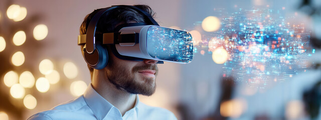 Man immersed in virtual world with VR headset engaging with digital data and futuristic graphics in a modern workspace