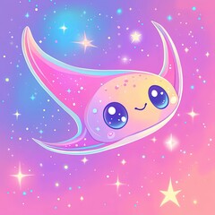 Fototapeta premium Cute smiling creature gliding through a pastel galaxy filled with stars and sparkles
