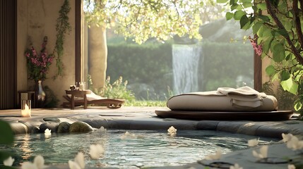 A serene spa setting with a hot tub, surrounded by nature and soft lighting.