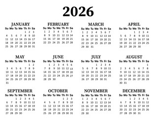 calendar 2026 week start on sunday simple year calendar vector design