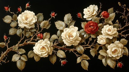 Elegant Cream And Red Roses Branch Artwork