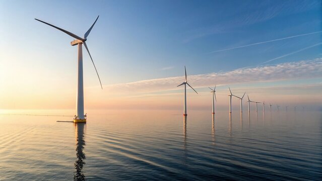 Clean white floating wind farm in calm ocean renewable energy scenic view tranquil environment