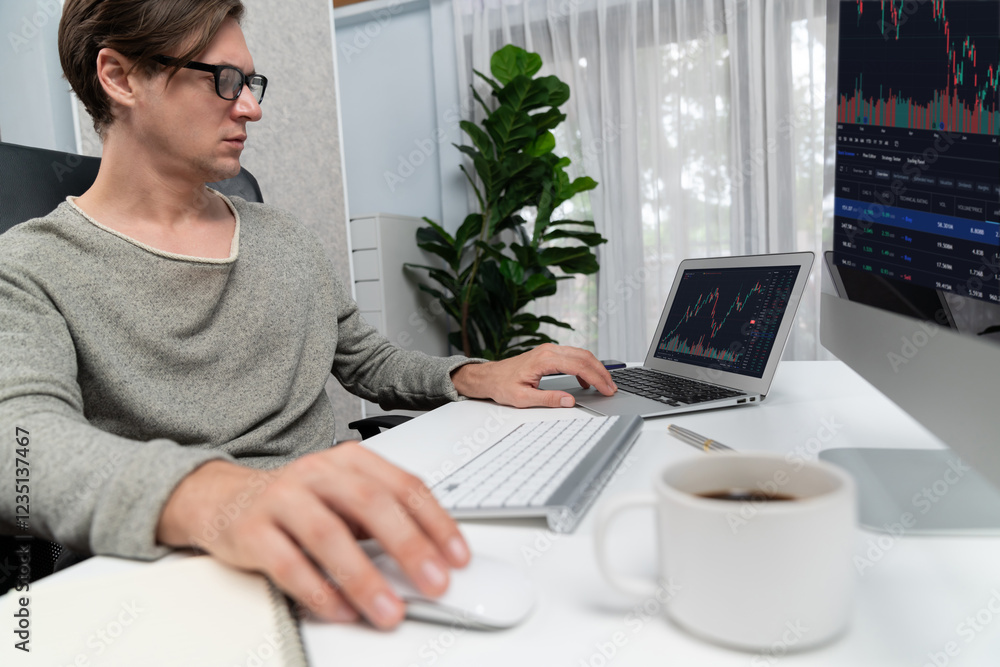 Poster business trader using computer and laptop to search highest profit value of dynamic increased stock 