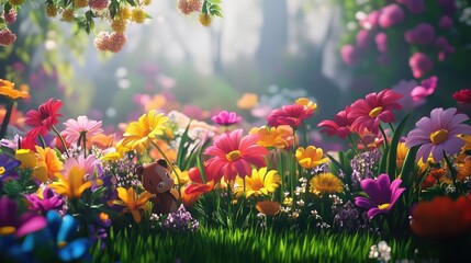 A whimsical garden filled with colorful flowers and cute cartoon animals