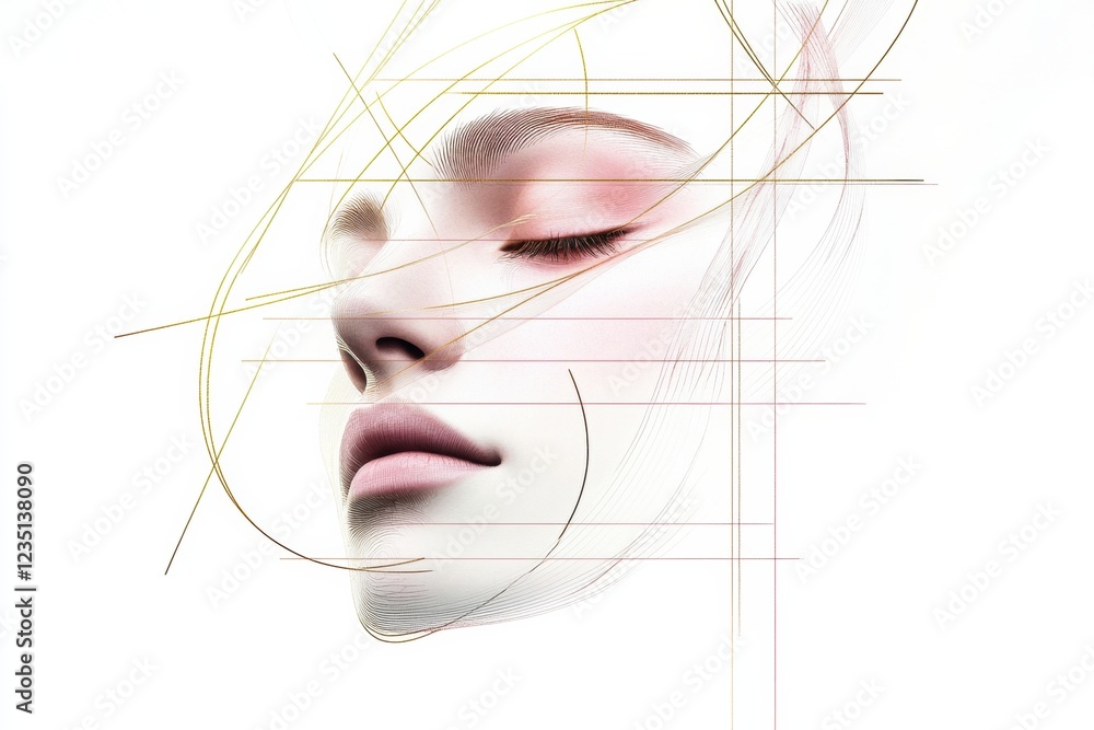 Poster silhouette of a womans face featuring golden ratio lines for harmony in design and beauty representa