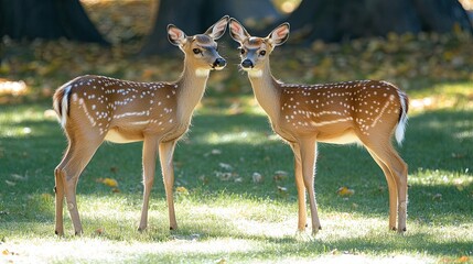 A roe deer (Capreolus capreolus) couple standing close together on a sunny green field. 
