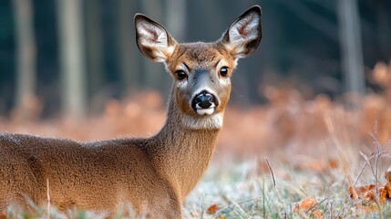 Obraz premium A roe deer (Capreolus capreolus) looking at the camera on grass in morning mist.