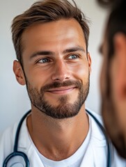 Obraz premium Happy Physician with Stethoscope and Smiling at Clinic