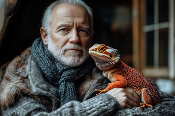 Portrait of a man holding his pet bearded dragon close to his face, sharing a friendly moment, looking at the camera. National Pet Day.
