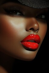 Fototapeta premium A captivating close-up image showcasing a woman with glossy red lips and dark brown skin, illuminated by artistic lighting to enhance her striking features.