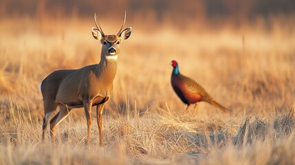 Fototapeta premium A roe deer (Capreolus capreolus) standing on a dry meadow with a common pheasant in the background.