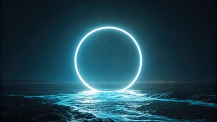 A glowing ring of light fading into darkness over ocean waves at night digital art