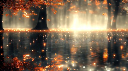 A misty forest scene in autumn, with glowing reflections on water and falling leaves, creating a serene and mystical atmosphere reminiscent of a fairy tale landscape.