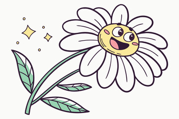 Smiling daisy flower, cute cartoon style, yellow center, white petals, happy expression, cheerful mood, simple design, bright colors, childlike drawing, sticker aesthetic, clean outlines, flat illustr