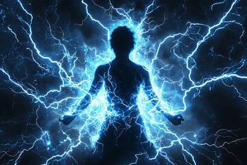 A silhouette of a person surrounded by blue lightning bolts on a dark background, symbolizing energy and power.