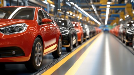 A line of newly manufactured cars in a factory setting, showcasing vibrant colors and a modern assembly line environment.