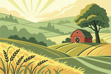  Idyllic rural landscape, rolling green hills, golden wheat field, rustic red barn, morning mist, sunlight breaking through clouds, lush trees, peaceful countryside, scenic vista, pastoral beauty, sof