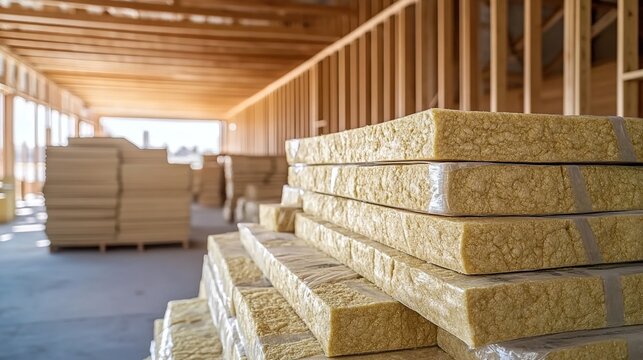 High-resolution stock photo of inflower gold rock wool fire-brick style material, neatly stacked on top of each other at the construction site, wooden frame walls visible behind it. 