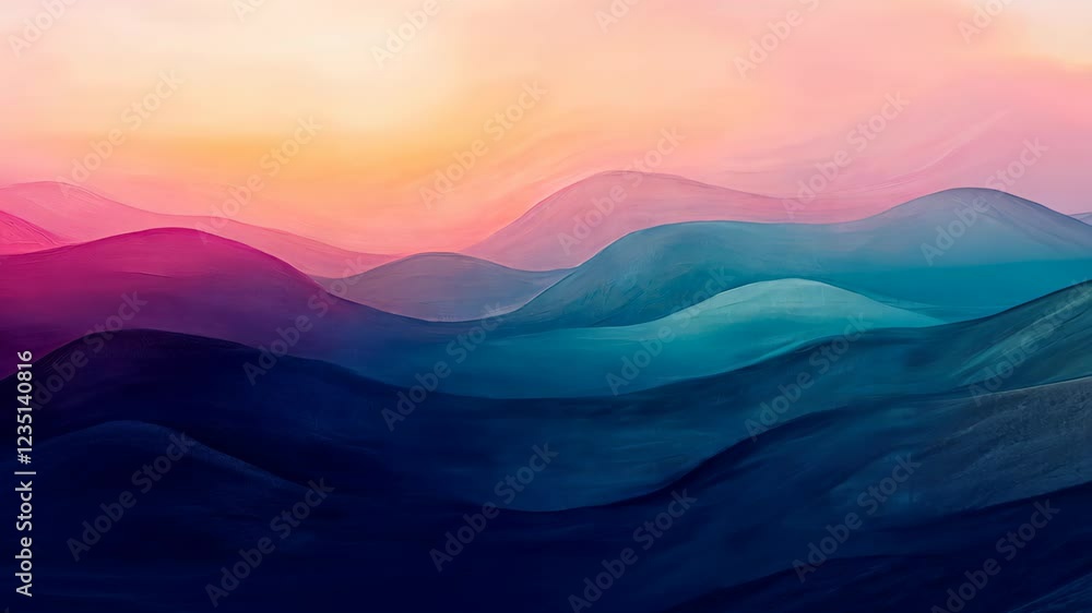 Poster abstract landscape with textured paint representing vibrant waves in gradient hues of pink and blue,