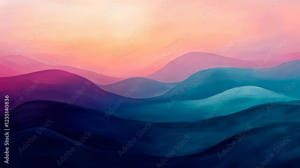 Poster abstract landscape with textured paint representing vibrant waves in gradient hues of pink and blue,