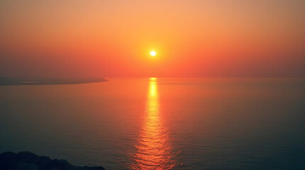 Obraz premium Stunning Orange Sunset Over Calm Ocean Waters Vibrant Colors Golden Hour Seascape Dramatic Sky Photography