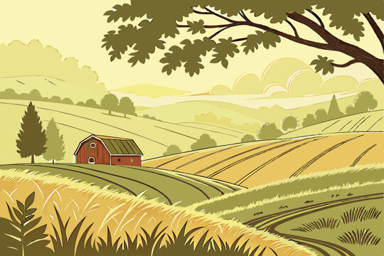  Idyllic rural landscape, rolling green hills, golden wheat field, rustic red barn, morning mist, sunlight breaking through clouds, lush trees, peaceful countryside, scenic vista, pastoral beauty, sof