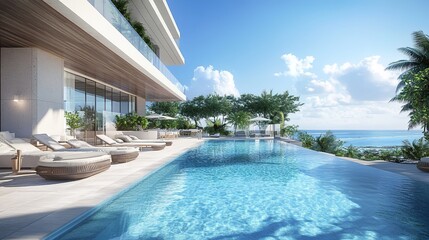 Obraz premium A modern, minimalist swimming pool with white walls and floor, overlooking the sea and the beach, with a blue sky and light tones.