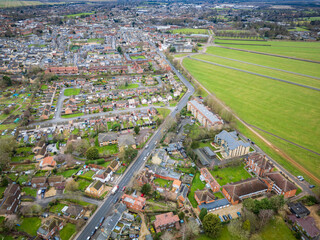 Aerial view of large apartments seen overlooking the famous Newmarket flat racing track. The town...