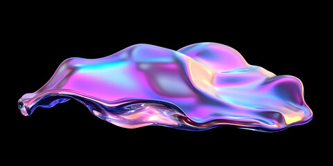 Naklejka premium Bold holographic liquid blob shape. Iridescent wavy melted substance on black background