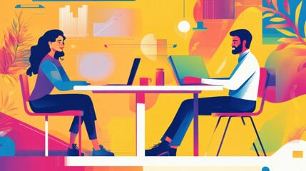 A man and a woman work on laptops in a colorful office.