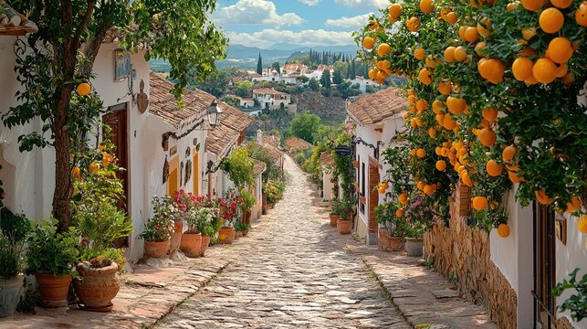 Fototapeta Charming Cobblestone Street Lined With White Houses And Orange Trees