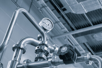 Boiler room gas pressure meter. Industrial  concept. equipment of the boiler-house, - valves, tubes, pressure gauges manometer