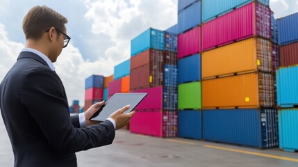 A business professional analyzes data on a tablet in front of colorful shipping containers at a logistics facility.