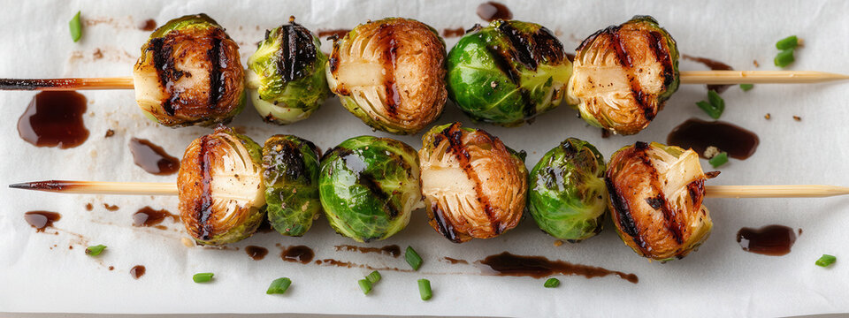 Grilled Brussels sprouts on wooden skewers with balsamic vinegar reduction on parchment paper
