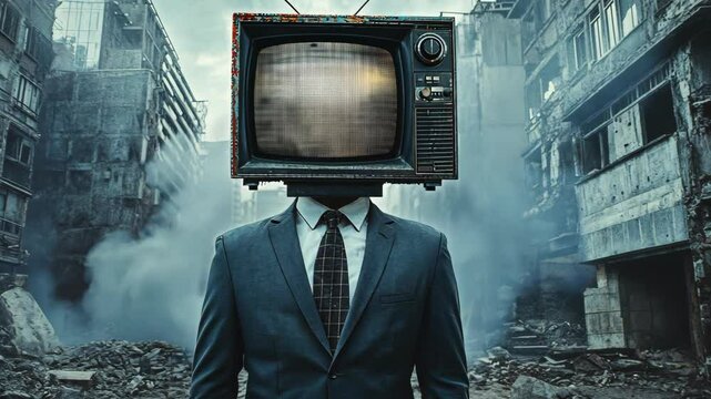 Post Apocalyptic Businessman TV Head Ruins Cityscape
