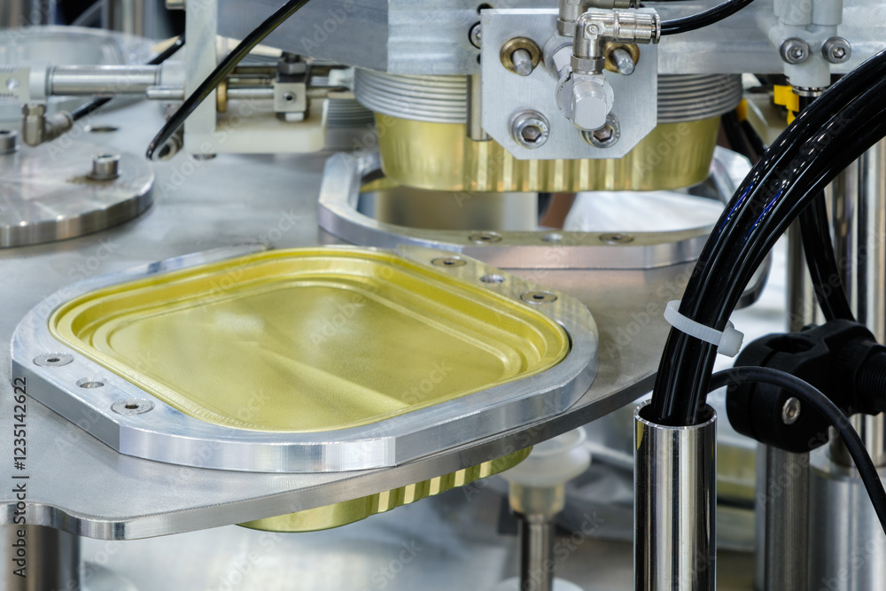 Fototapete a machine is making a can of food. the can is yellow and silver. the machine is very precise and eff