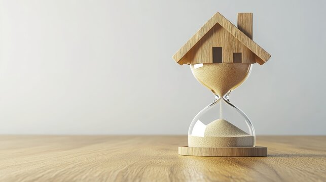 The hourglass is shaped like a house, with sand flowing inside it, symbolizing time passing and real estate's value growing over time. 