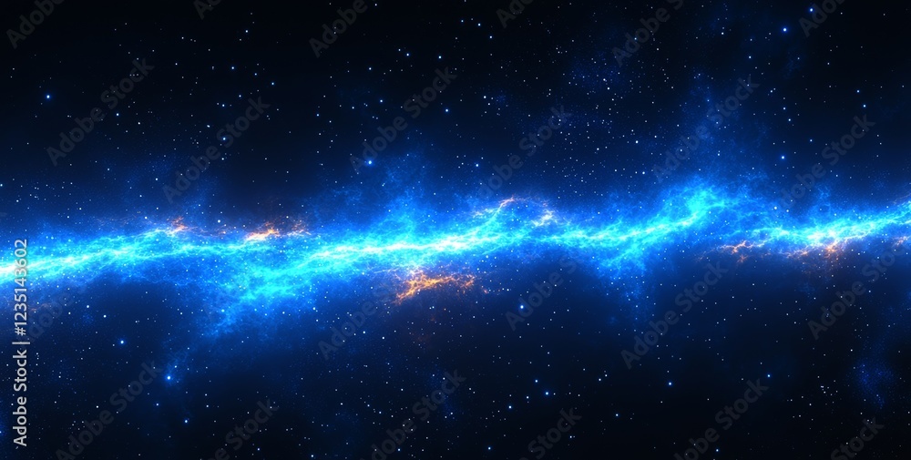 Poster display with blue horizontal lines on a black background