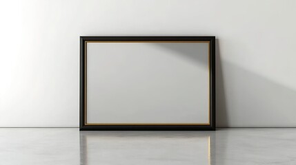 A simple black wooden picture frame with gold edges, standing on the floor against an empty white wall.
