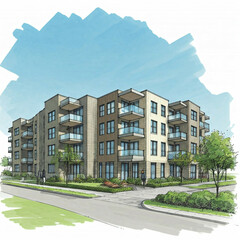 hand drawn sketch of modern apartment building with green landscaping and blue sky