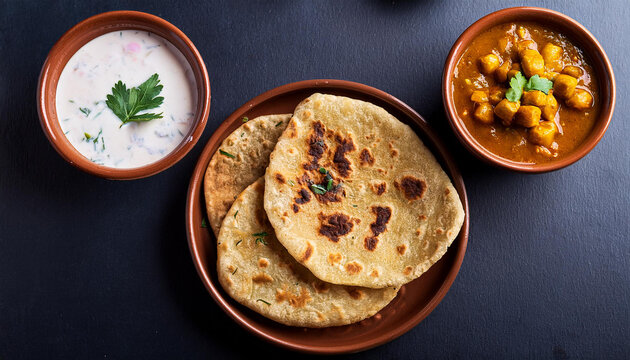 whole wheat parantha with aloo soya chunks gravy and raita served in ceramic bowls and plate photo shot from top