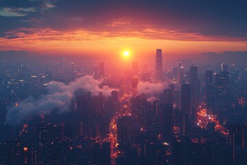 Fototapeta premium During winter, as the sun sets over a big city, smoke rises from the heating station. Smokestacks of a coal thermal power plant release CO2 into the atmosphere, highlighting issues of air pollution