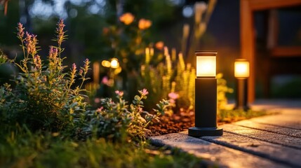 Garden path lights illuminate flowers at dusk