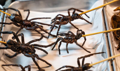 Close-up of skewered tarantulas displayed at a traditional Thai street market, offering exotic culinary experiences and showcasing unique local cuisine © C&A